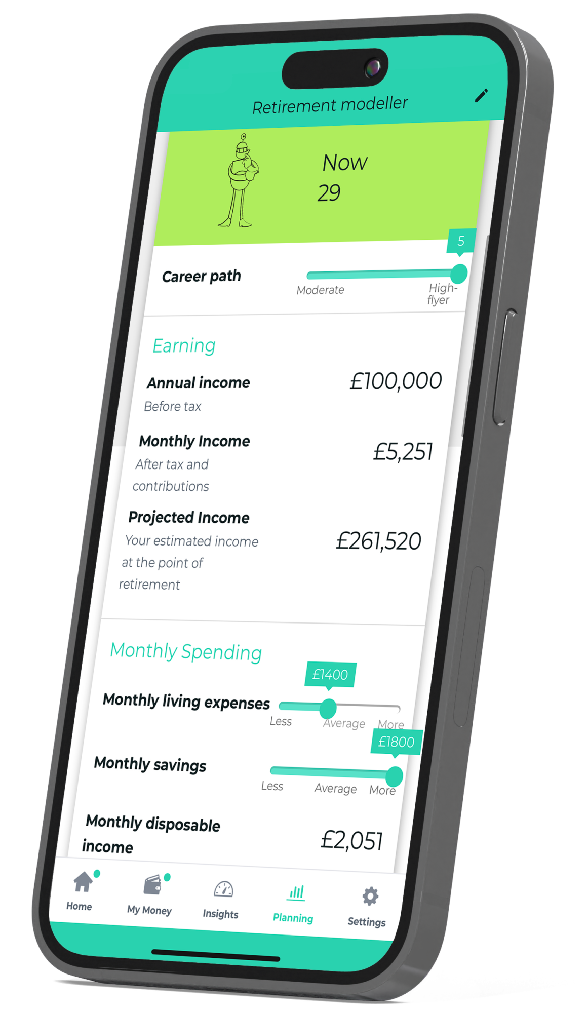 An image showcasing 1Legacy mobile app's retirement modeller feature